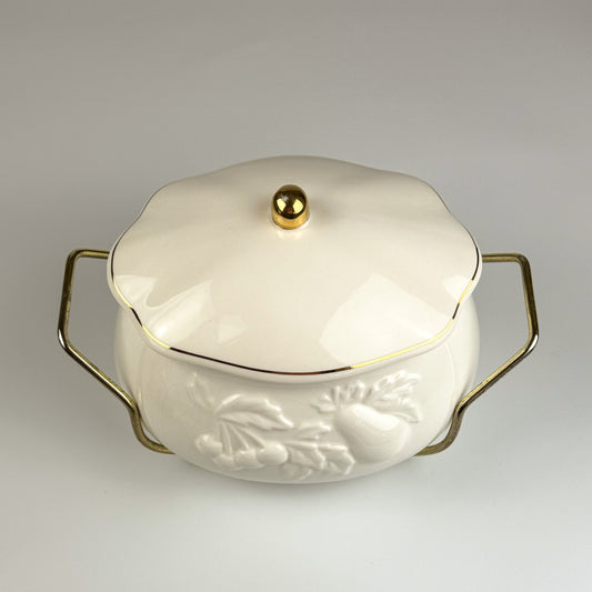 Vintage Teleflora Ceramic Covered Serving Dish with Embossed Fruit Design & Gold Trim – Removable Metal Cradle