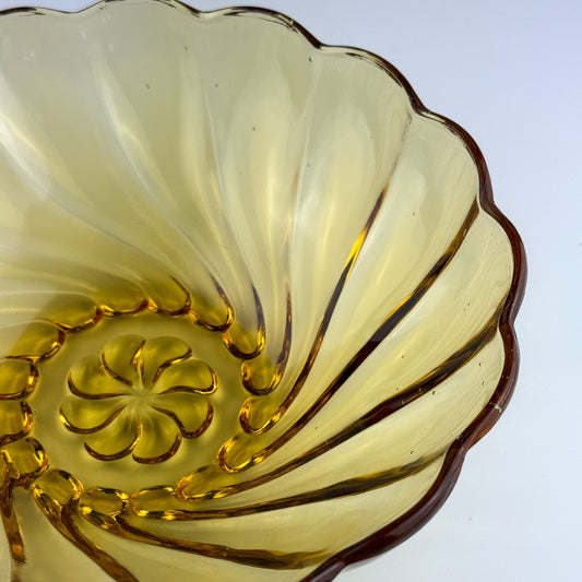 Vintage Hazel Atlas Amber Swirl Glass Bowl 9” Scalloped Edge