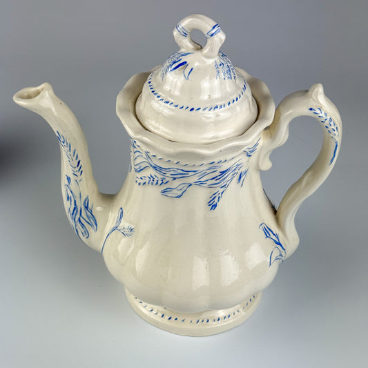 Vintage Blue Feather Hand-Painted Porcelain Tea Set — Teapot, Sugar, Creamer