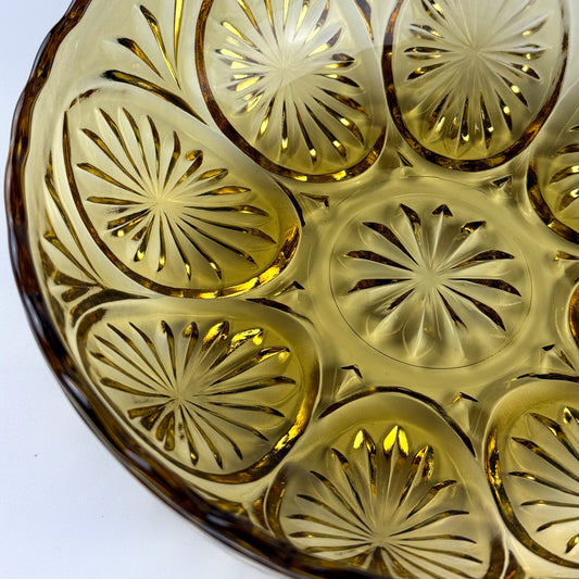 Vintage Indiana Glass Amber Starburst Pattern Serving Bowl Scalloped Rim