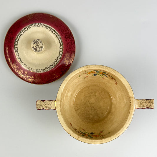 Vintage Century by Salem Sugar Bowl – 23 Karat Gold Trim, Maroon & Gold Floral, Made in USA (c. 1940s–1950s)