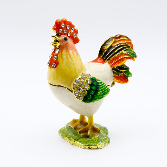 Jeweled Rooster Trinket Box — Hand-Painted Enamel & Crystal Figurine Keepsake