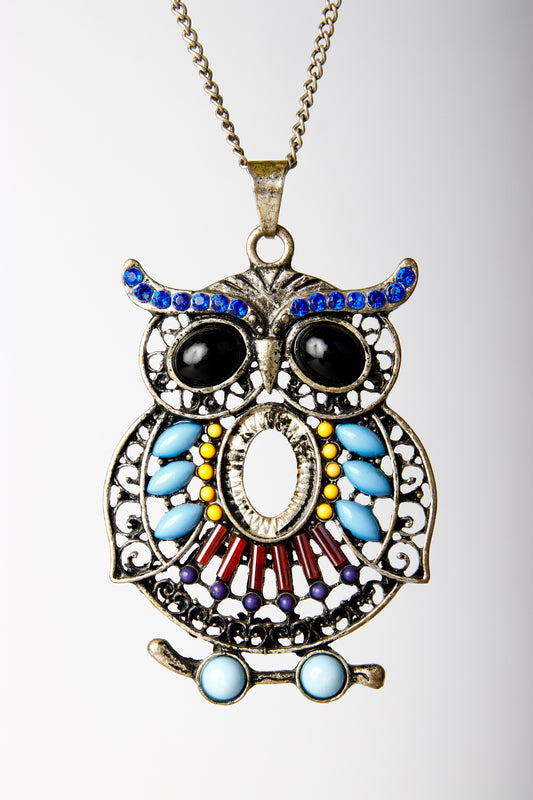 Boho Owl Pendant Necklace, Colorful Vintage-Style Silver Tone Statement Jewelry