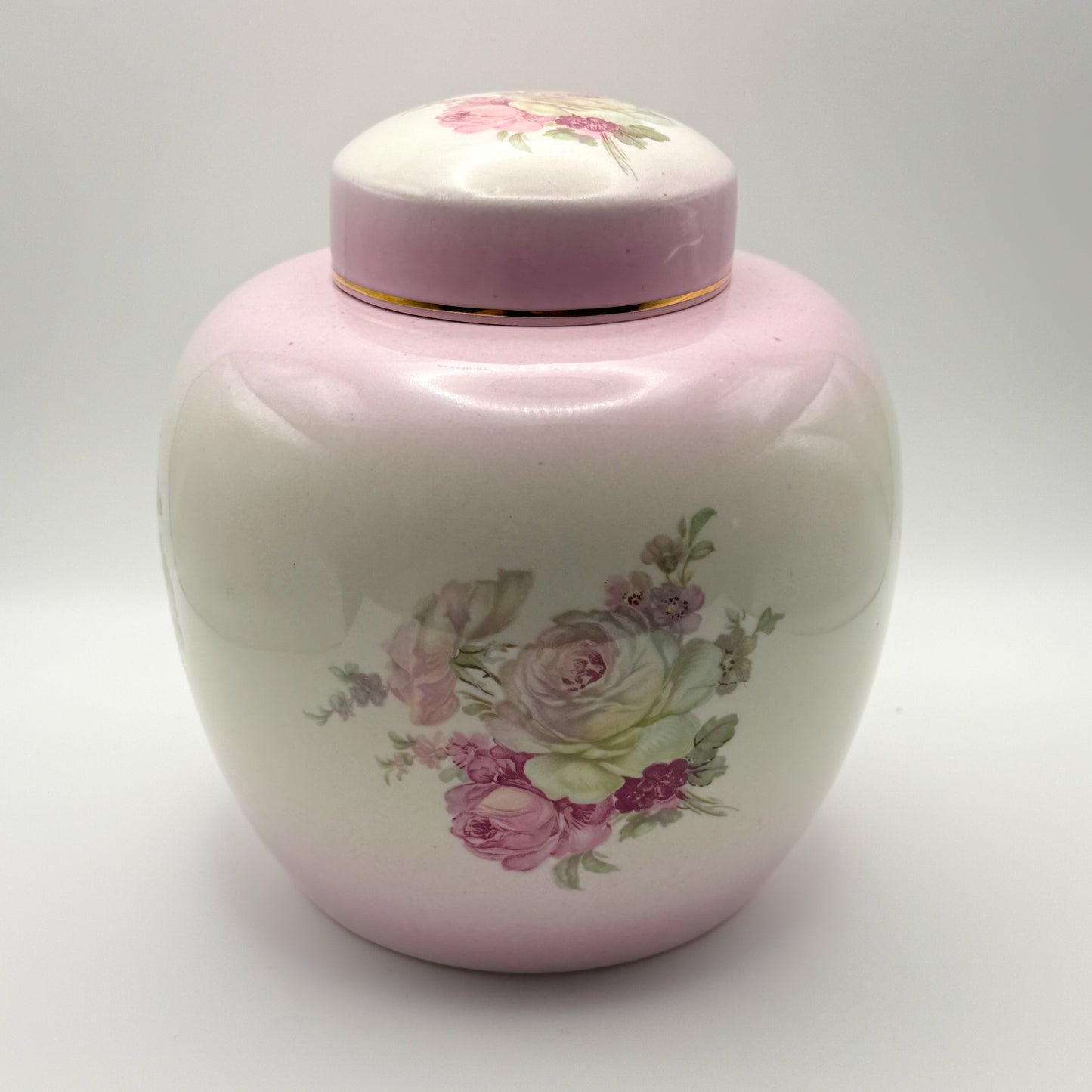 Vintage James Kent Old Foley Porcelain Ginger Jar with Lid — Pink Rose Pattern, Made in England