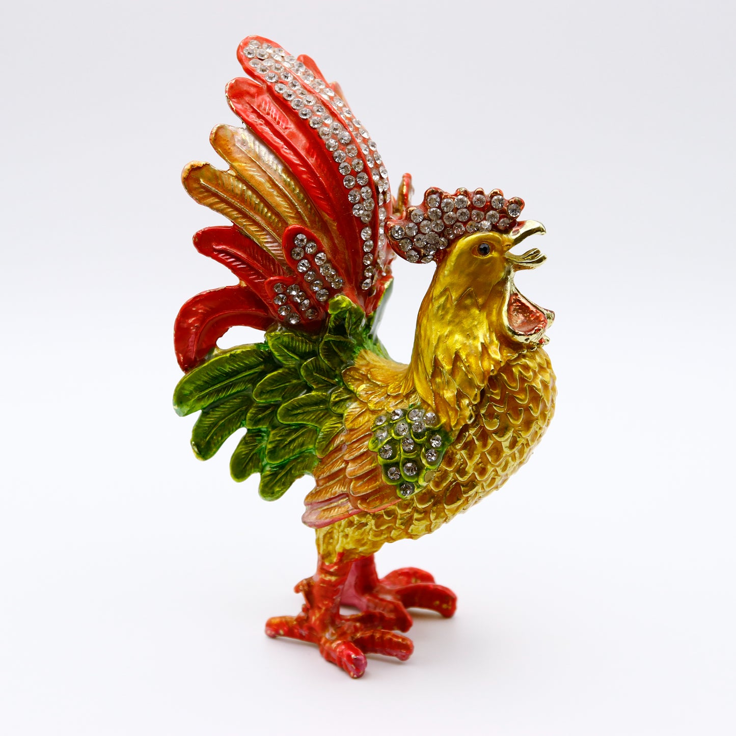 Jeweled Crowing Rooster Trinket Box — Hand-Painted Enamel & Crystal Figurine Keepsake