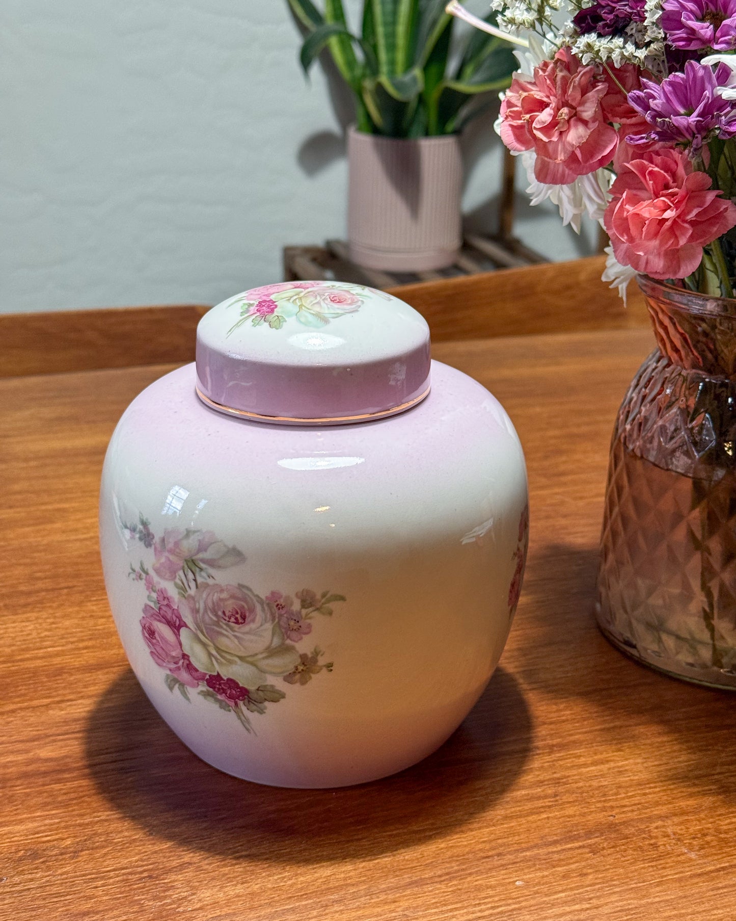 Vintage James Kent Old Foley Porcelain Ginger Jar with Lid — Pink Rose Pattern, Made in England