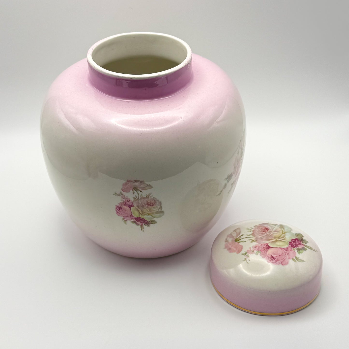 Vintage James Kent Old Foley Porcelain Ginger Jar with Lid — Pink Rose Pattern, Made in England