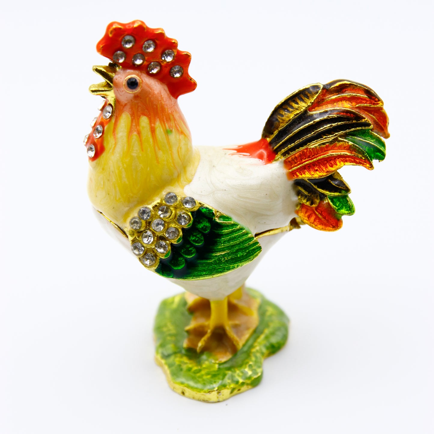 Jeweled Rooster Trinket Box — Hand-Painted Enamel & Crystal Figurine Keepsake