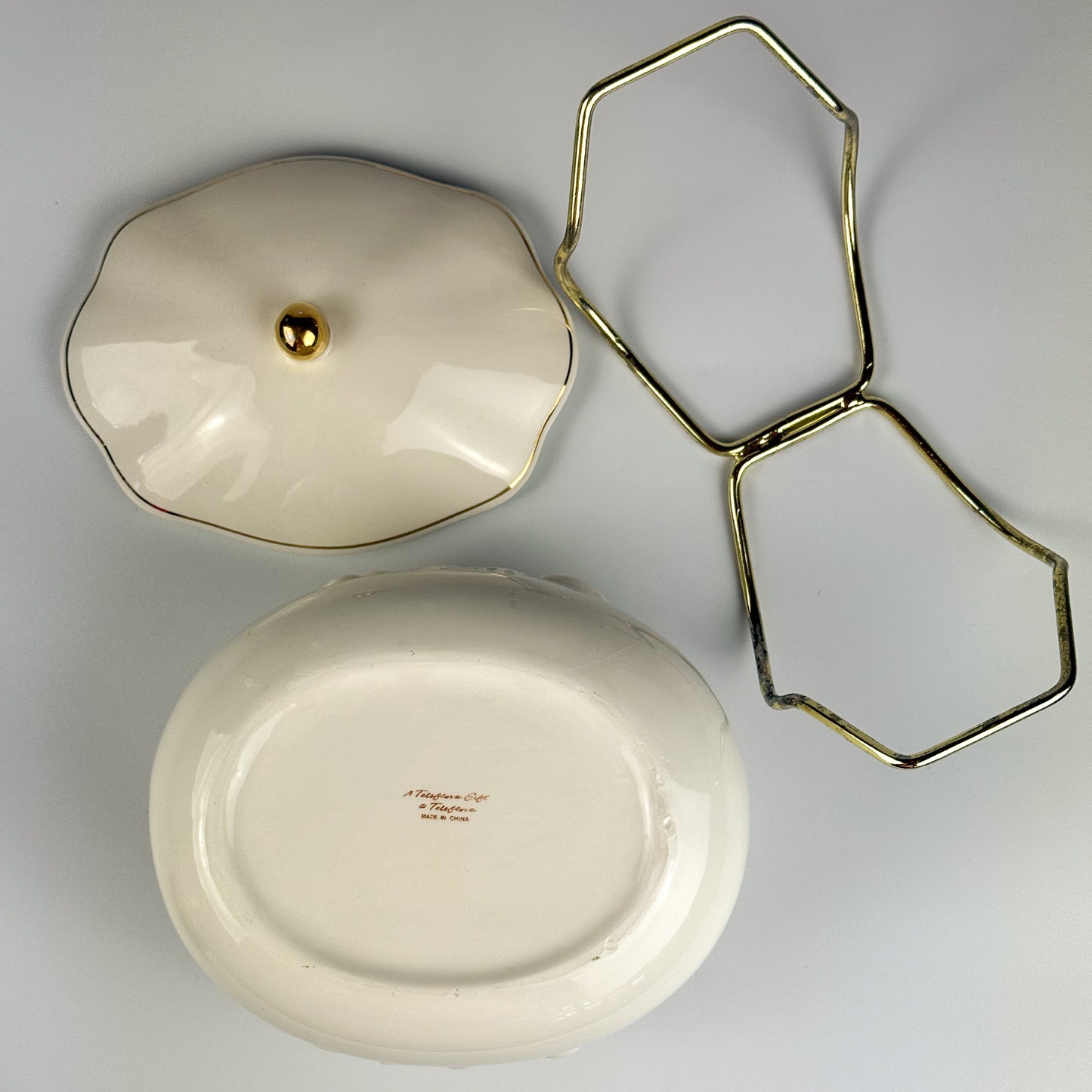 Vintage Teleflora Ceramic Covered Serving Dish with Embossed Fruit Design & Gold Trim – Removable Metal Cradle