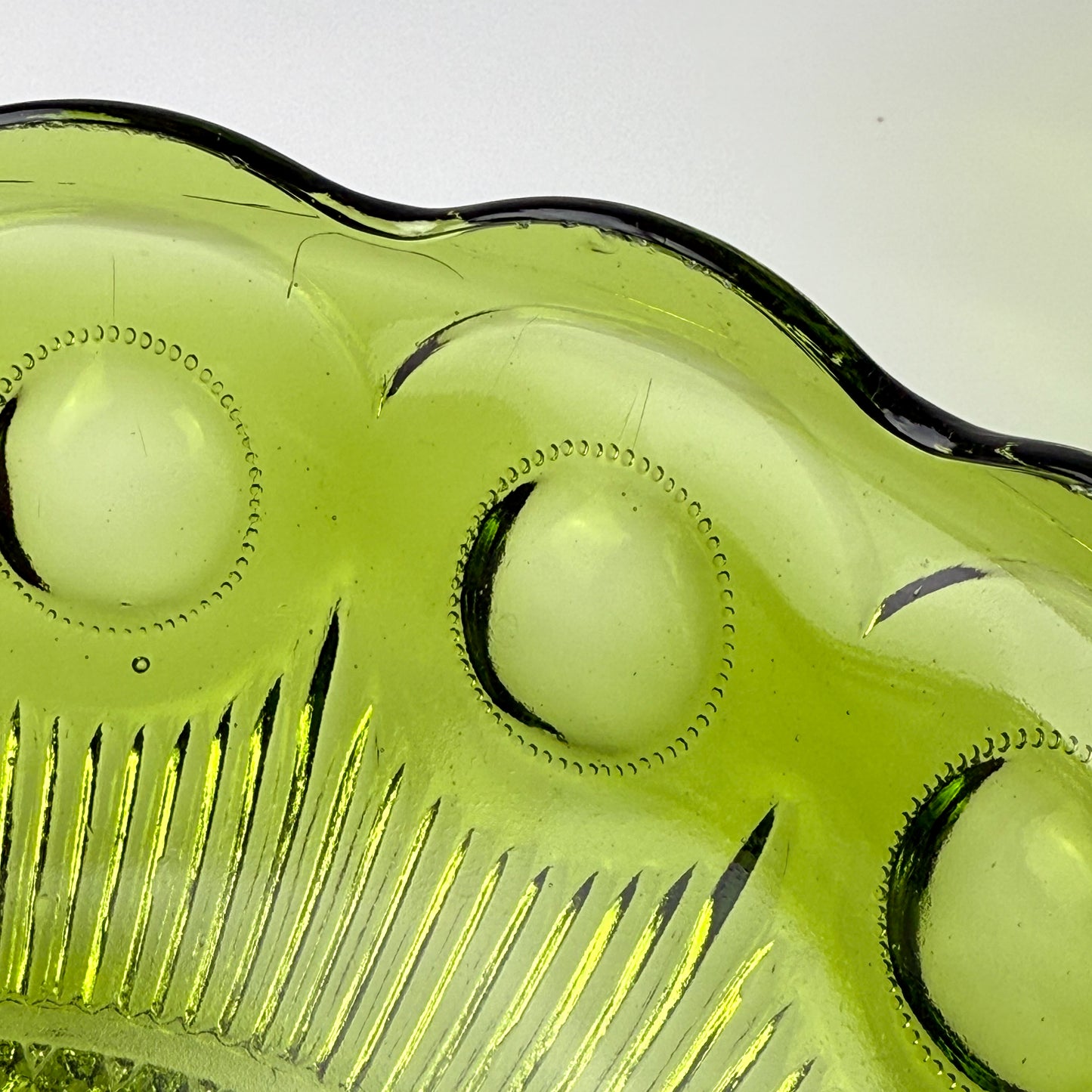 Vintage Bartlett-Collins Green Glass Bowls (2), Manhattan Pattern, Avocado Green, Scalloped Edge, Mid-Century