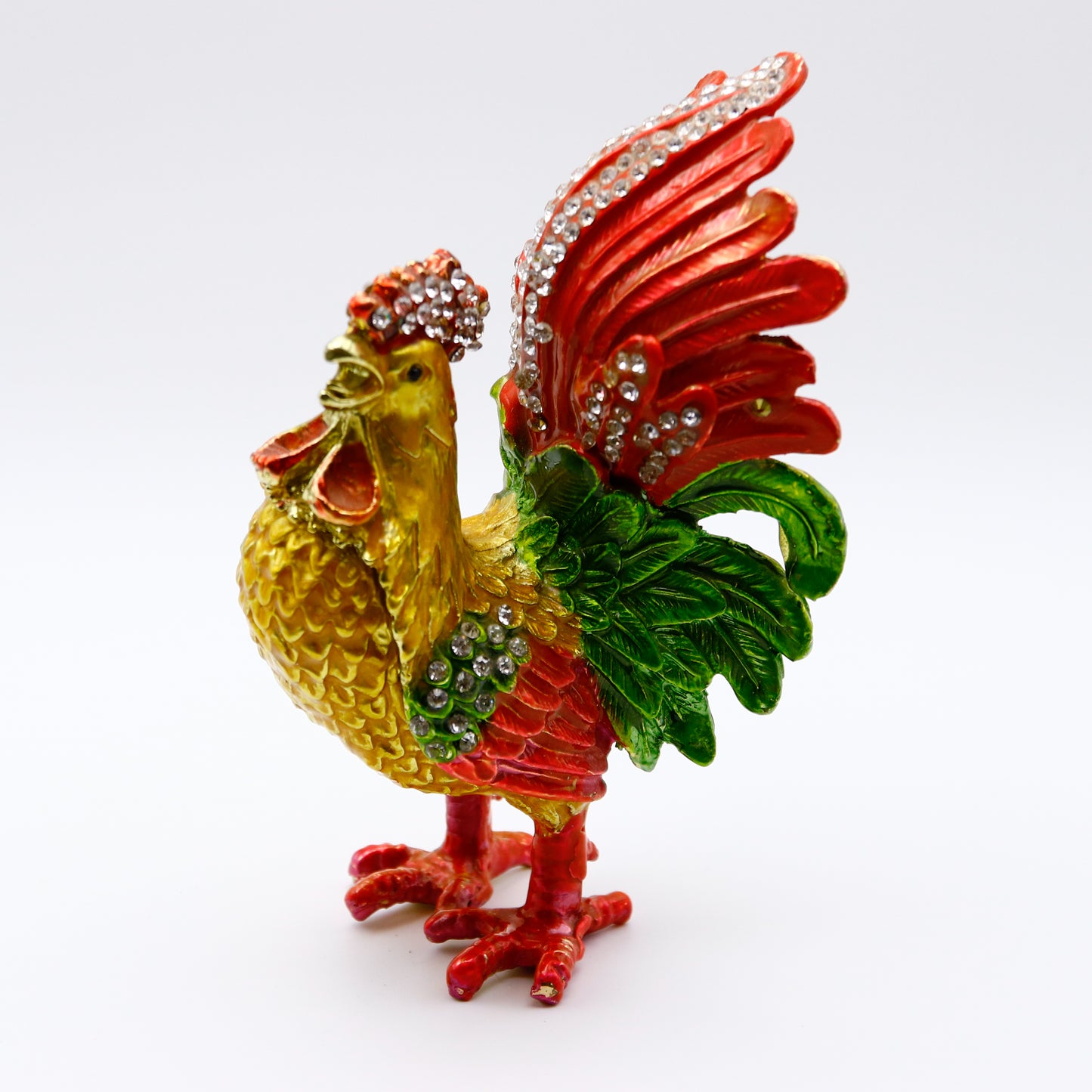Jeweled Crowing Rooster Trinket Box — Hand-Painted Enamel & Crystal Figurine Keepsake