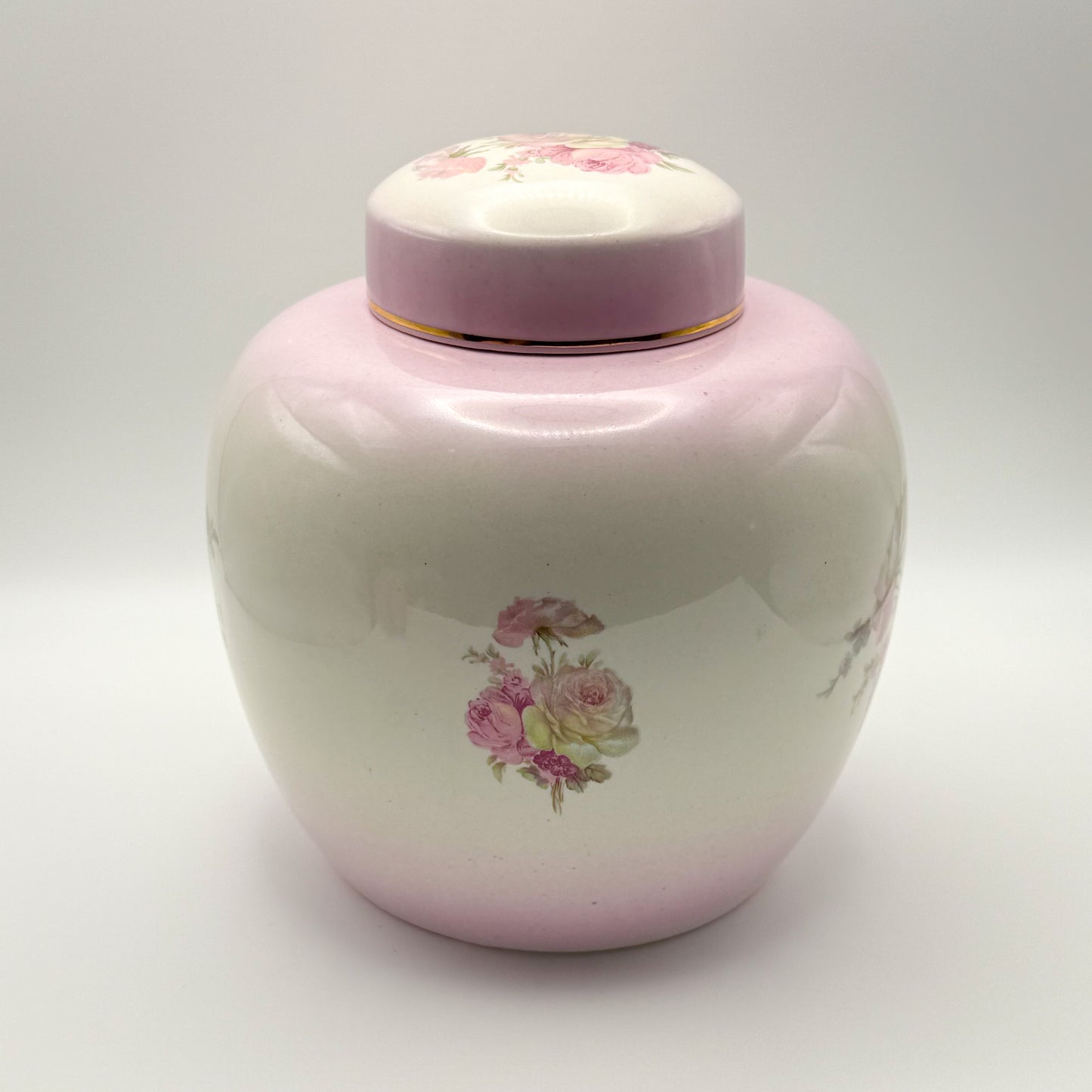 Vintage James Kent Old Foley Porcelain Ginger Jar with Lid — Pink Rose Pattern, Made in England