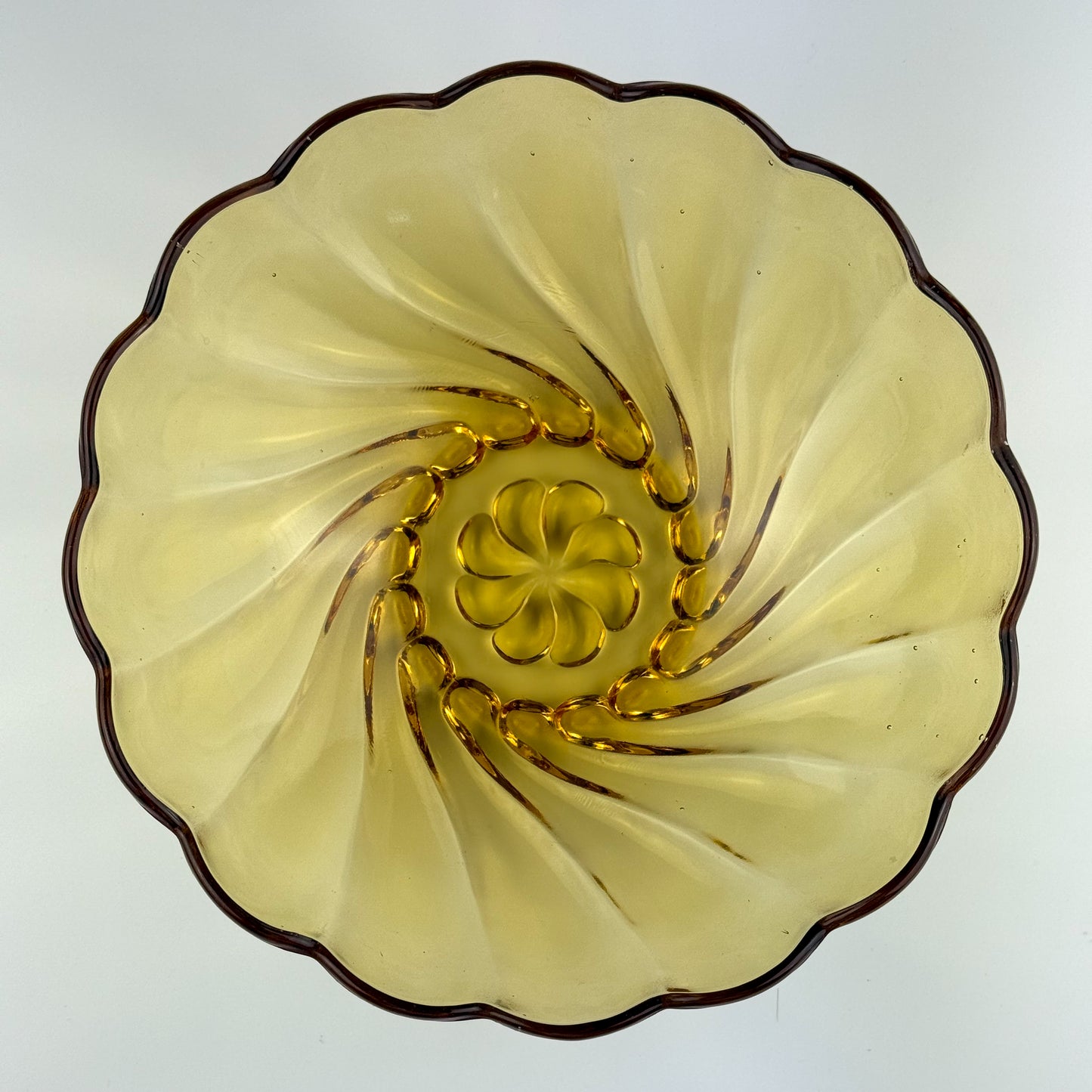 Vintage Hazel Atlas Amber Swirl Glass Bowl 9” Scalloped Edge