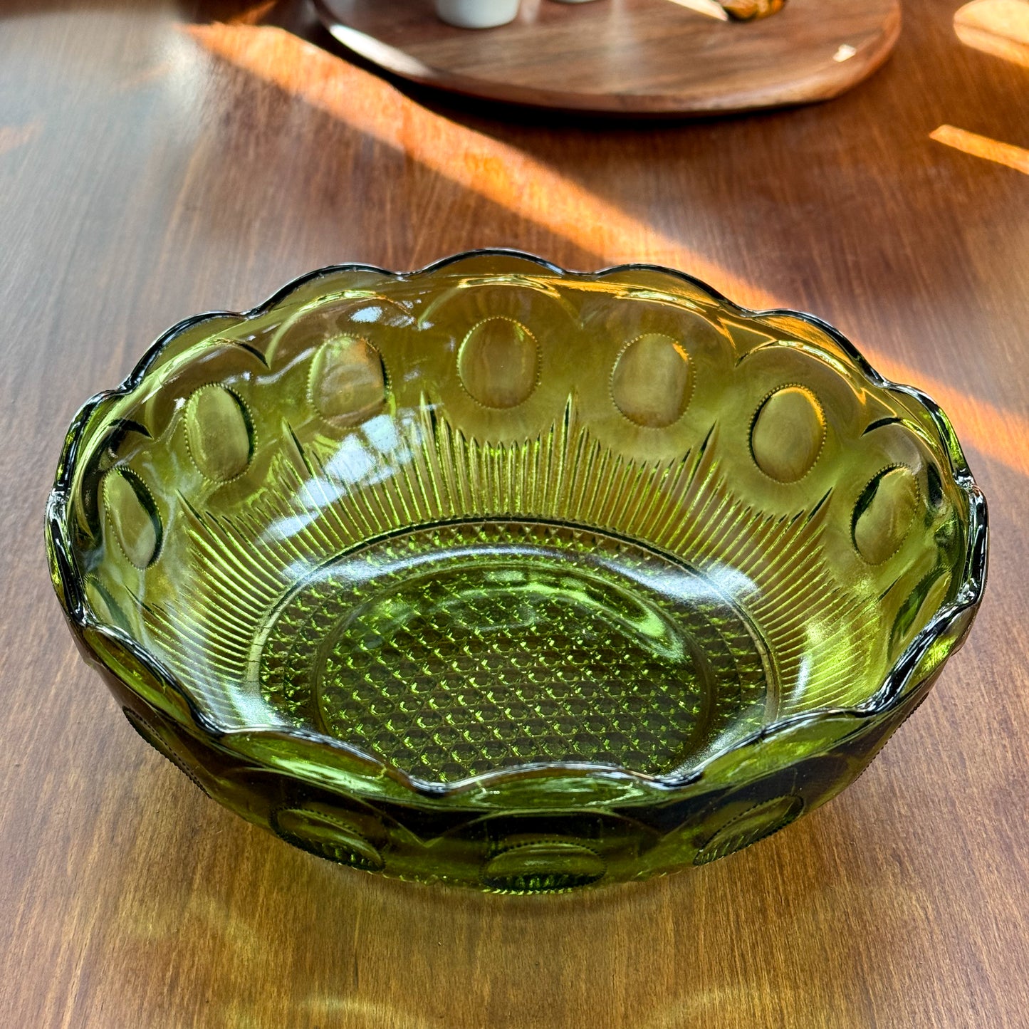 Vintage Bartlett-Collins Green Glass Bowls (2), Manhattan Pattern, Avocado Green, Scalloped Edge, Mid-Century