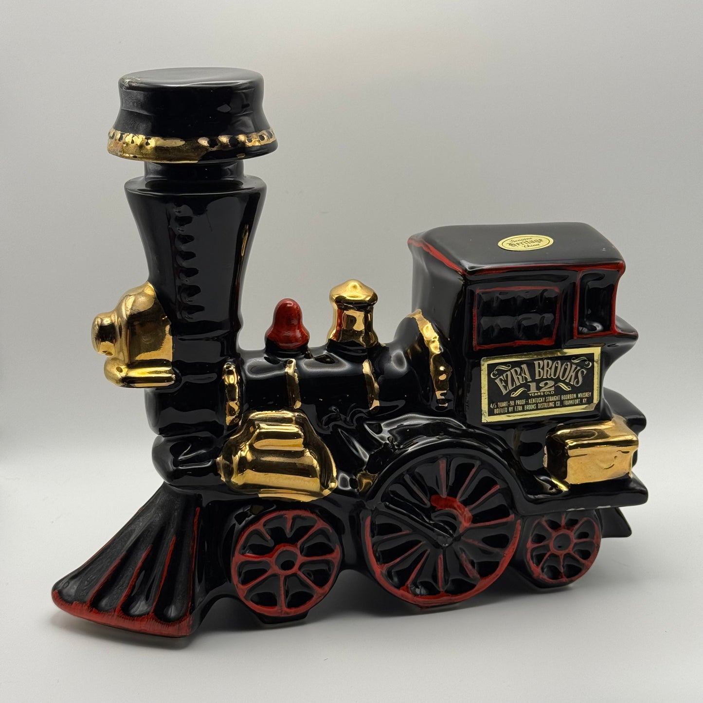 Ezra Brooks Black & Gold Steam Engine Train Decanter - Genuine Heritage China, Circa Late 1960s, Empty