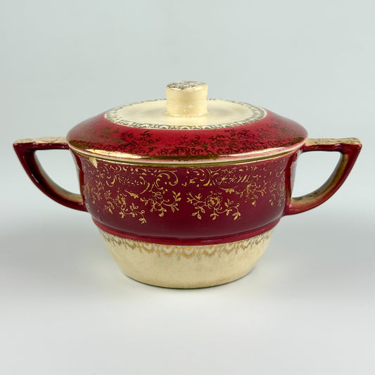 Vintage Century by Salem Sugar Bowl – 23 Karat Gold Trim, Maroon & Gold Floral, Made in USA (c. 1940s–1950s)