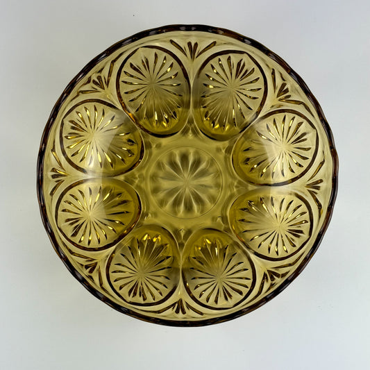 Vintage Indiana Glass Amber Starburst Pattern Serving Bowl Scalloped Rim