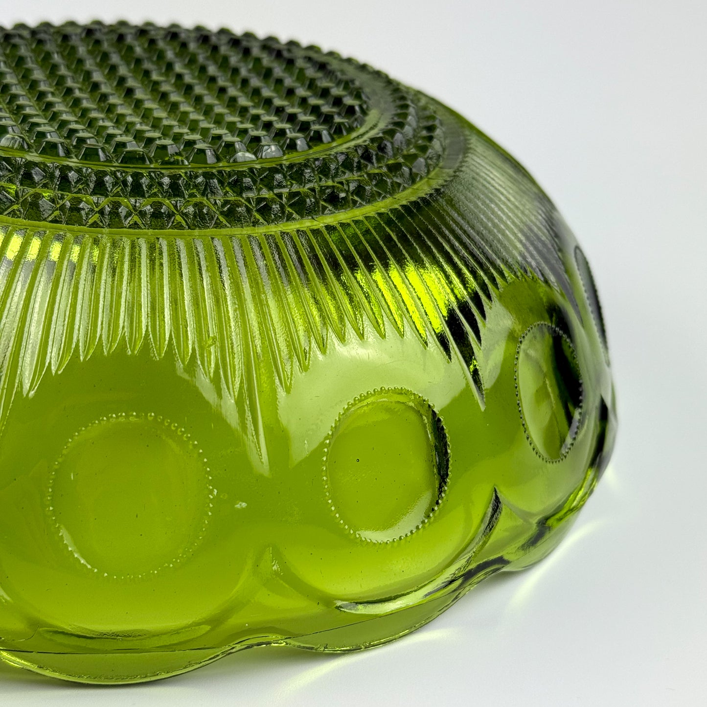 Vintage Bartlett-Collins Green Glass Bowls (2), Manhattan Pattern, Avocado Green, Scalloped Edge, Mid-Century