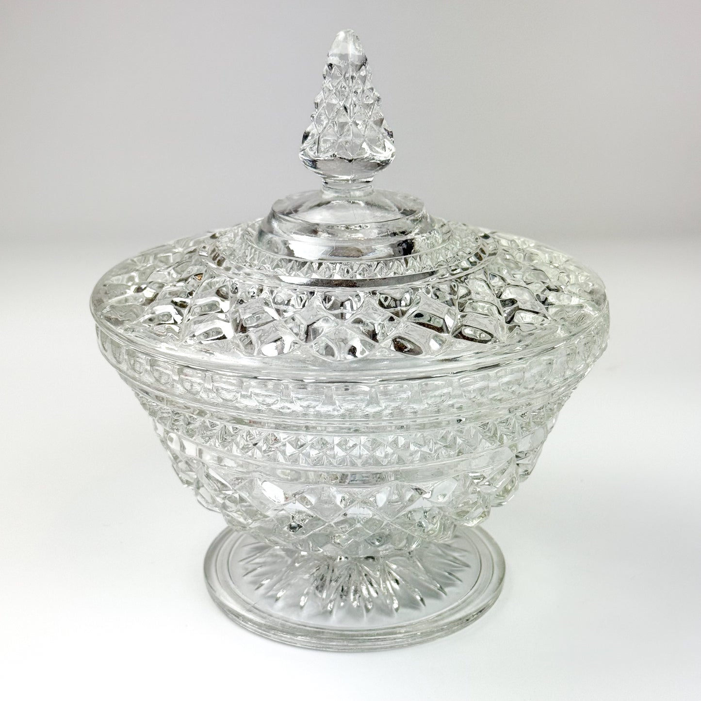 Vintage Pressed Glass Candy Dish Diamond Point Pattern Footed Storage