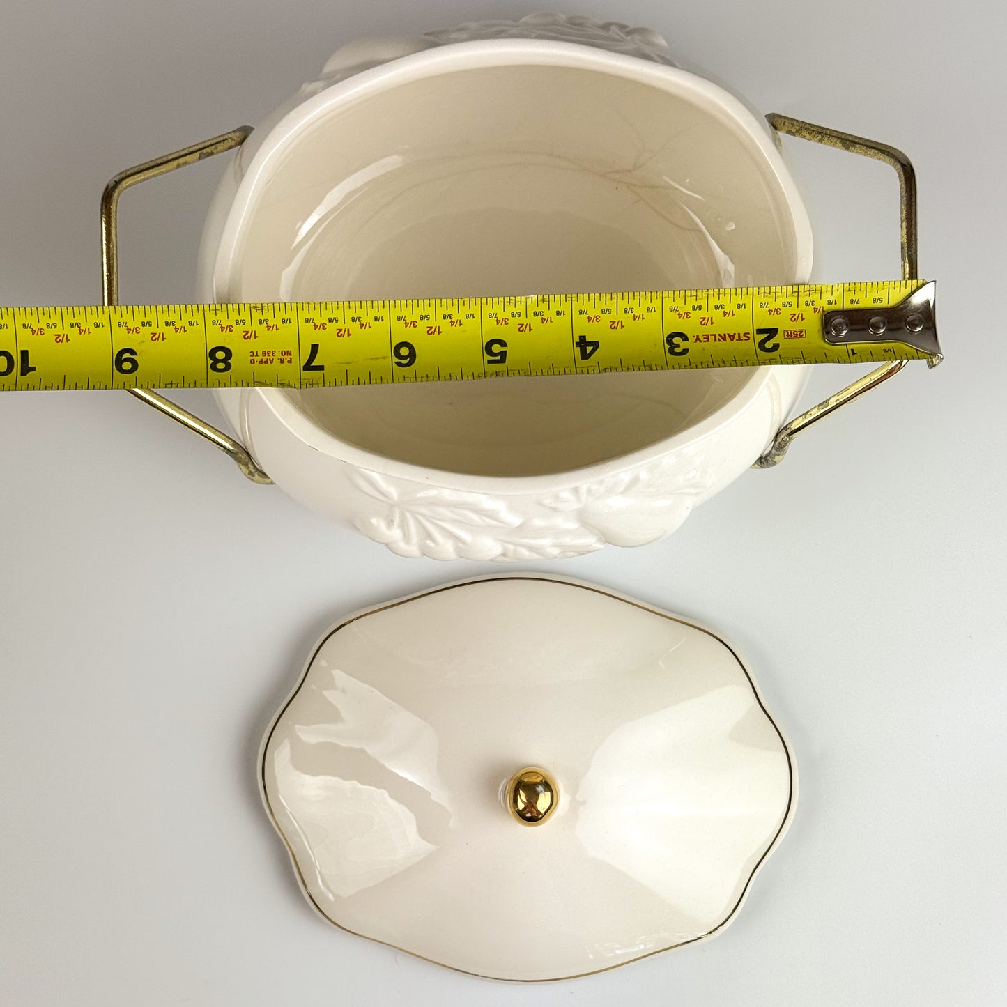 Vintage Teleflora Ceramic Covered Serving Dish with Embossed Fruit Design & Gold Trim – Removable Metal Cradle