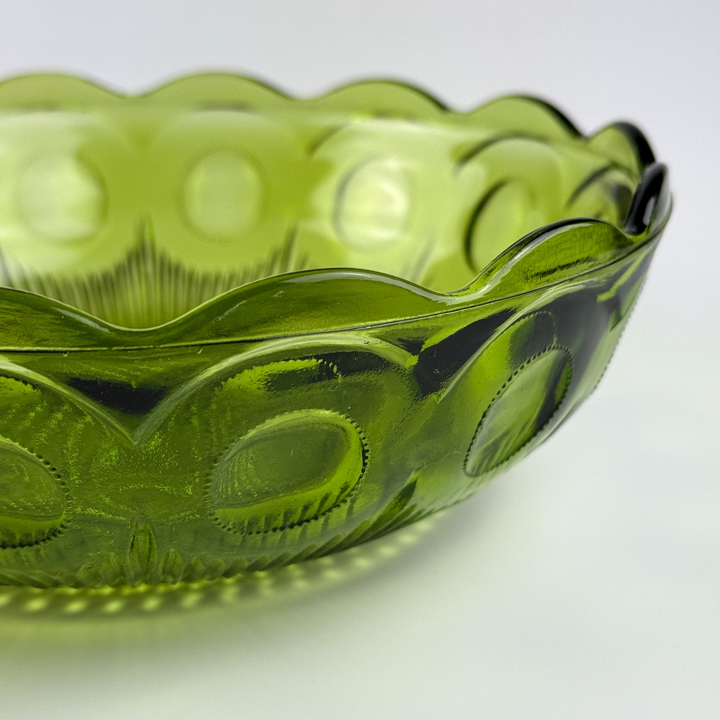 Vintage Bartlett-Collins Green Glass Bowls (2), Manhattan Pattern, Avocado Green, Scalloped Edge, Mid-Century
