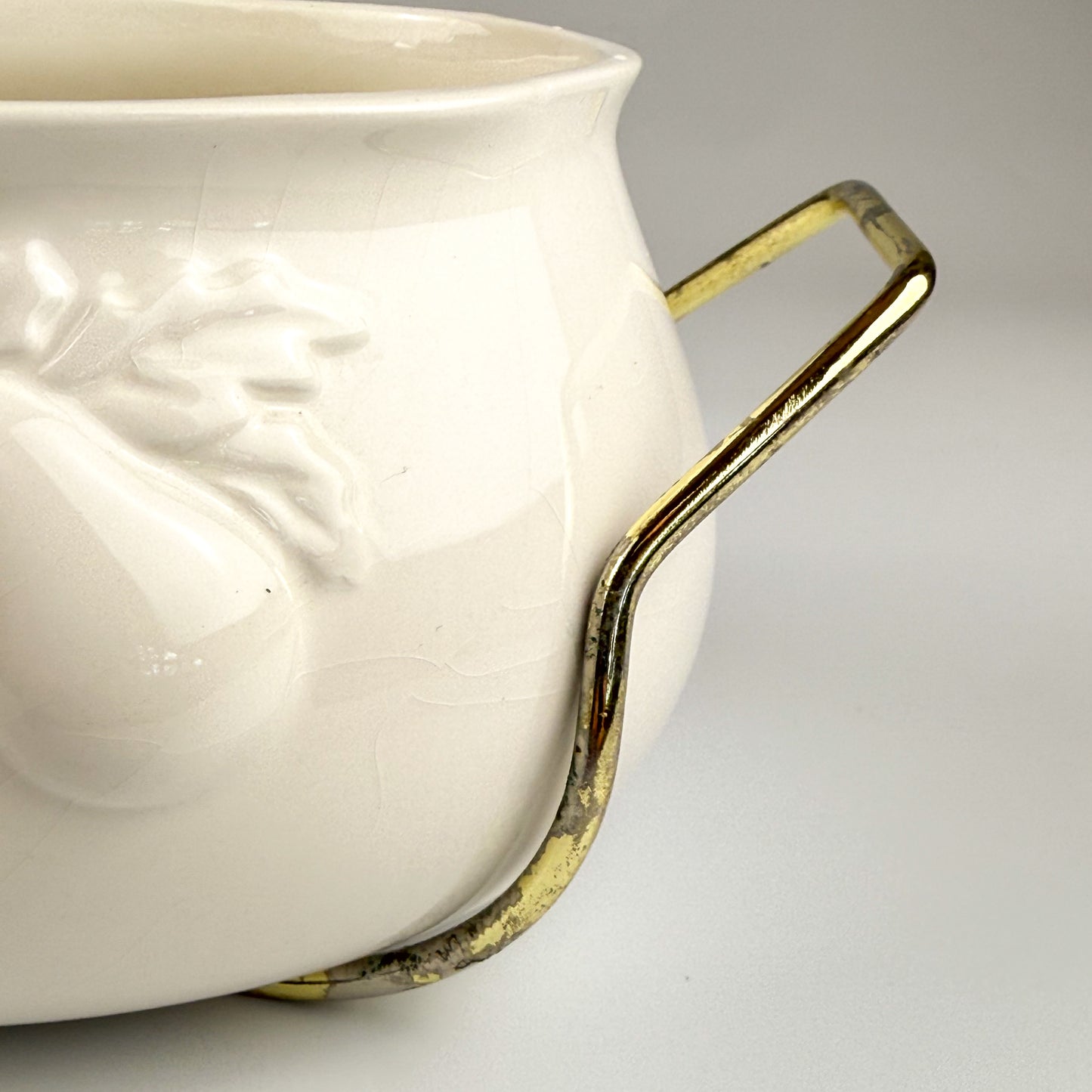 Vintage Teleflora Ceramic Covered Serving Dish with Embossed Fruit Design & Gold Trim – Removable Metal Cradle