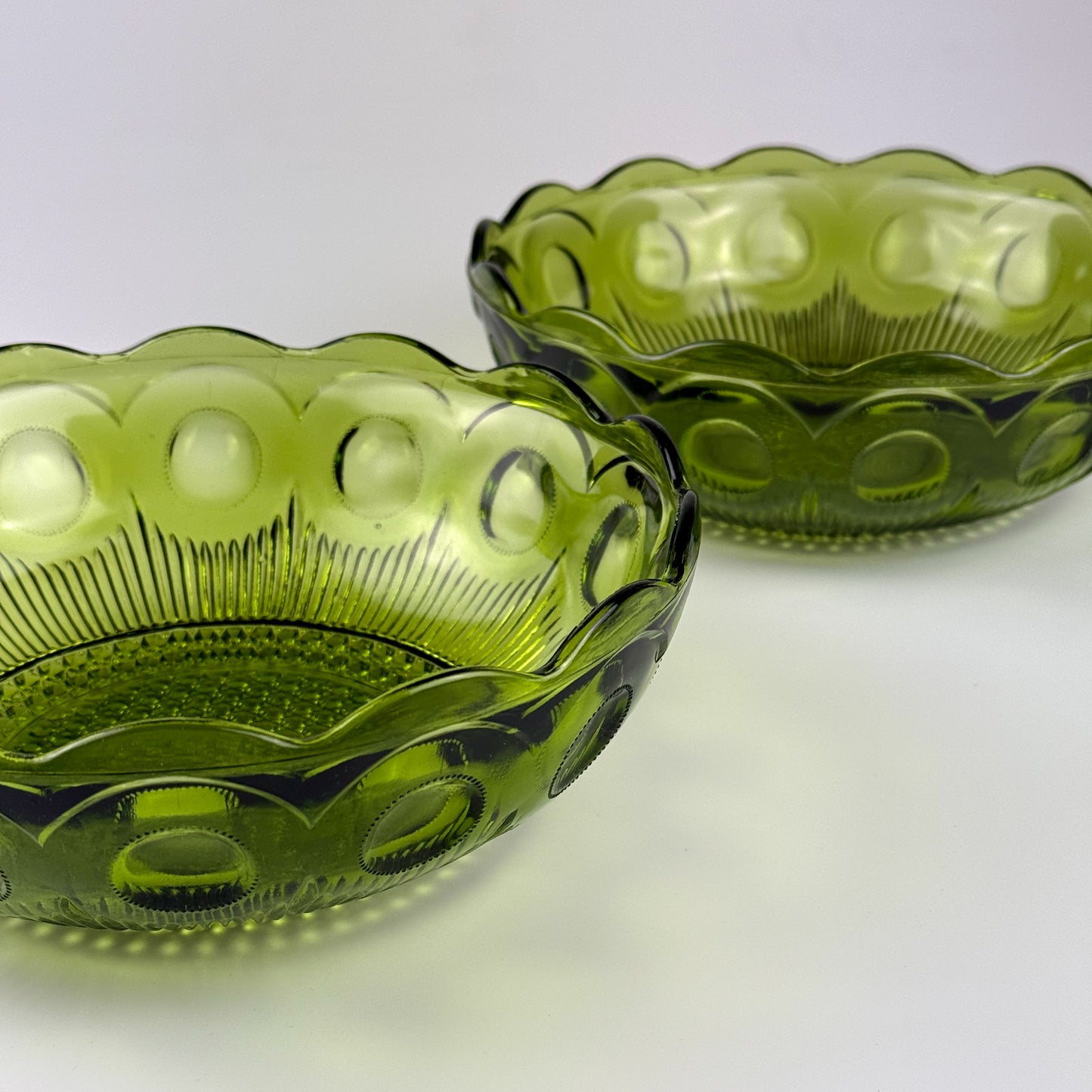 Vintage Bartlett-Collins Green Glass Bowls (2), Manhattan Pattern, Avocado Green, Scalloped Edge, Mid-Century