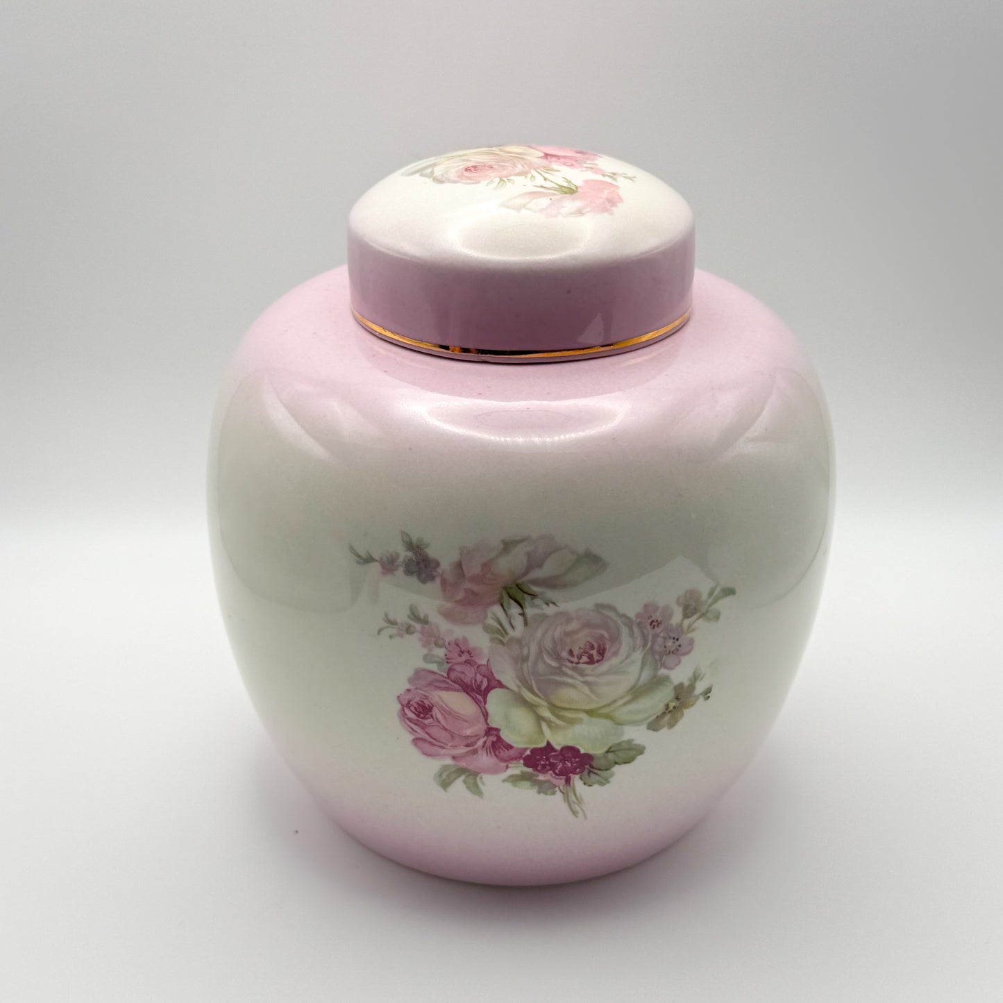 Vintage James Kent Old Foley Porcelain Ginger Jar with Lid — Pink Rose Pattern, Made in England