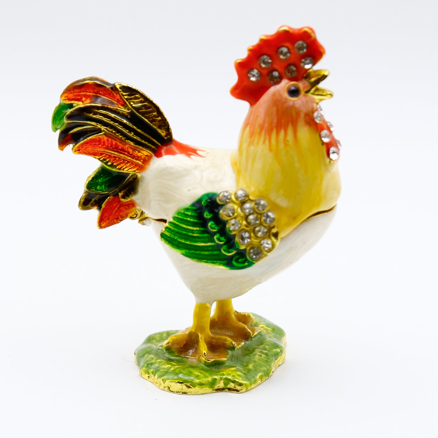 Jeweled Rooster Trinket Box — Hand-Painted Enamel & Crystal Figurine Keepsake