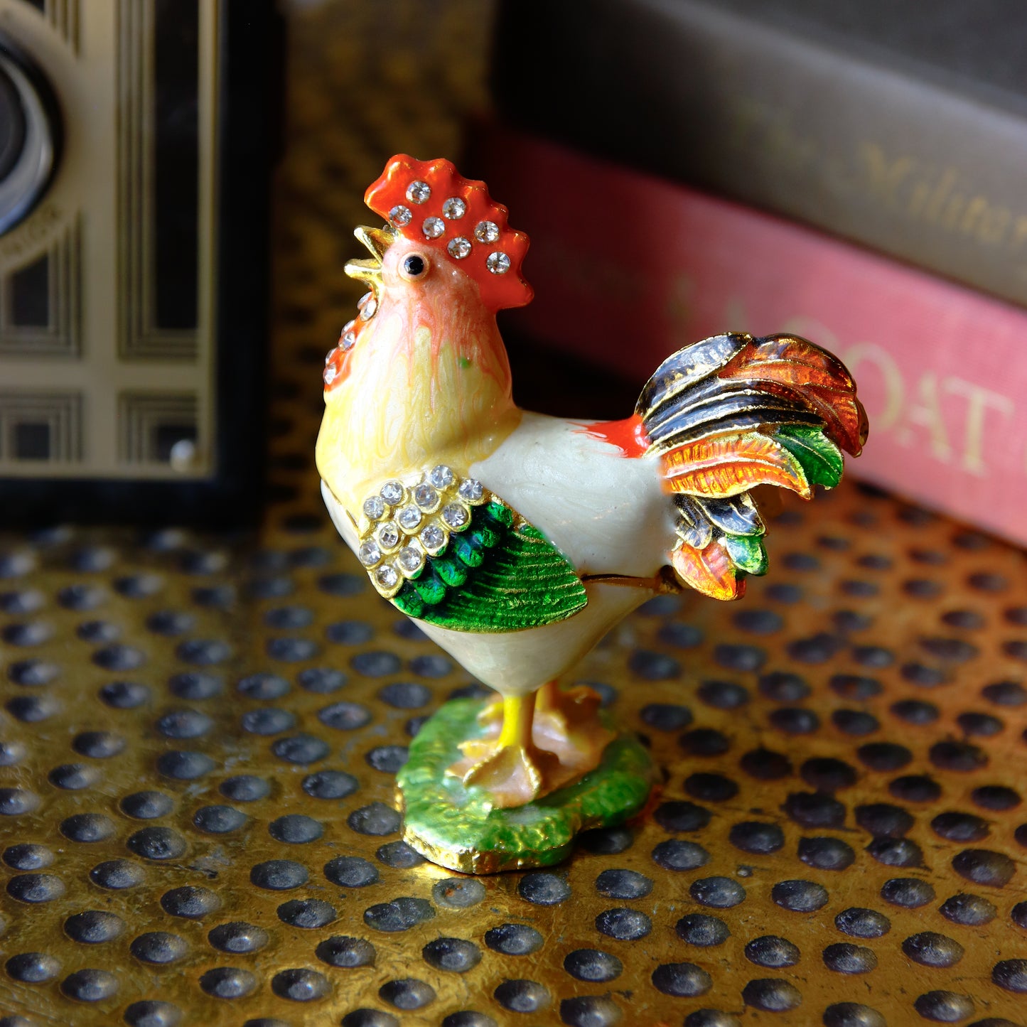 Jeweled Rooster Trinket Box — Hand-Painted Enamel & Crystal Figurine Keepsake