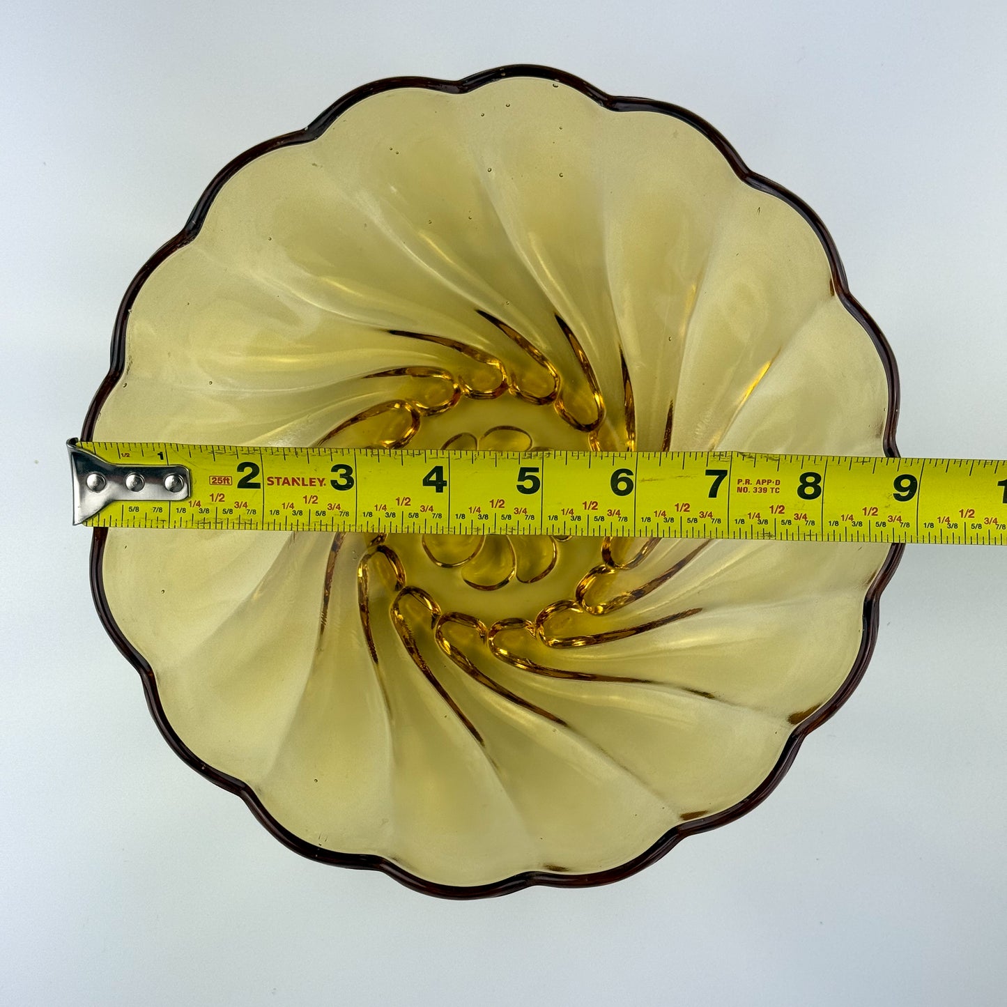 Vintage Hazel Atlas Amber Swirl Glass Bowl 9” Scalloped Edge