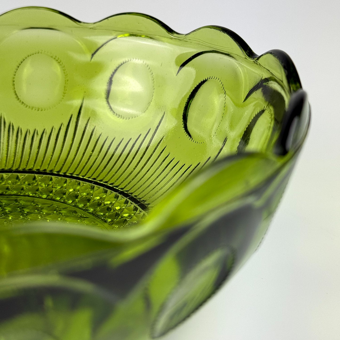 Vintage Bartlett-Collins Green Glass Bowls (2), Manhattan Pattern, Avocado Green, Scalloped Edge, Mid-Century