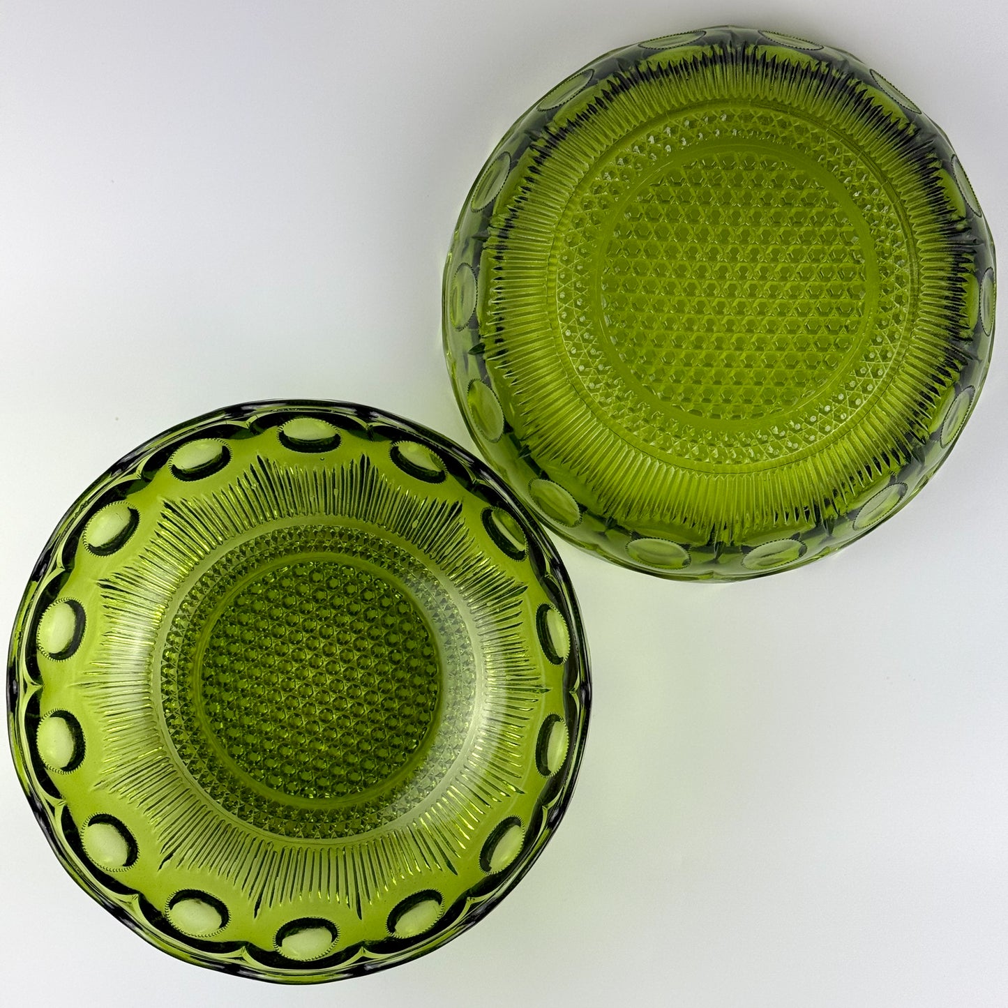 Vintage Bartlett-Collins Green Glass Bowls (2), Manhattan Pattern, Avocado Green, Scalloped Edge, Mid-Century