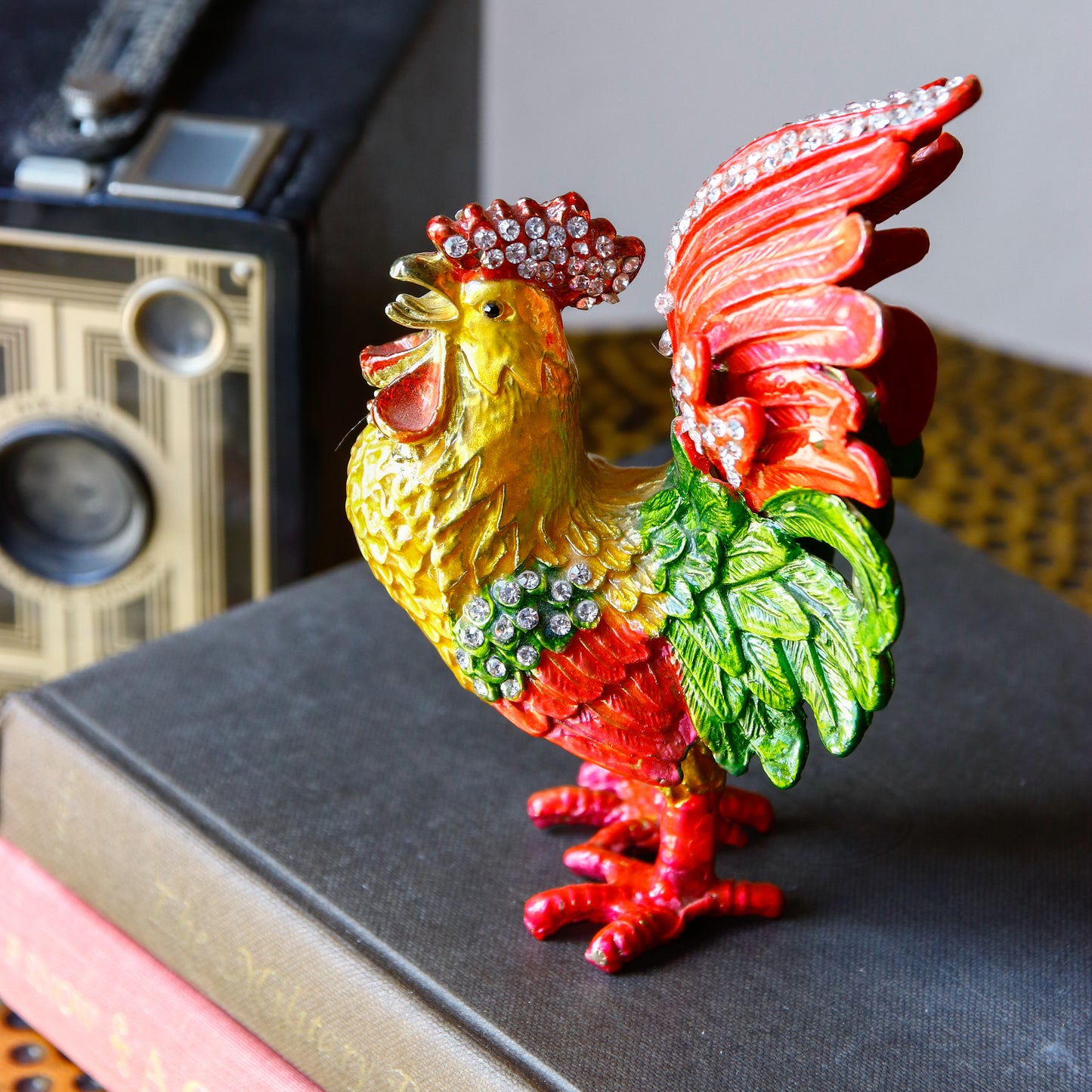 Jeweled Crowing Rooster Trinket Box — Hand-Painted Enamel & Crystal Figurine Keepsake
