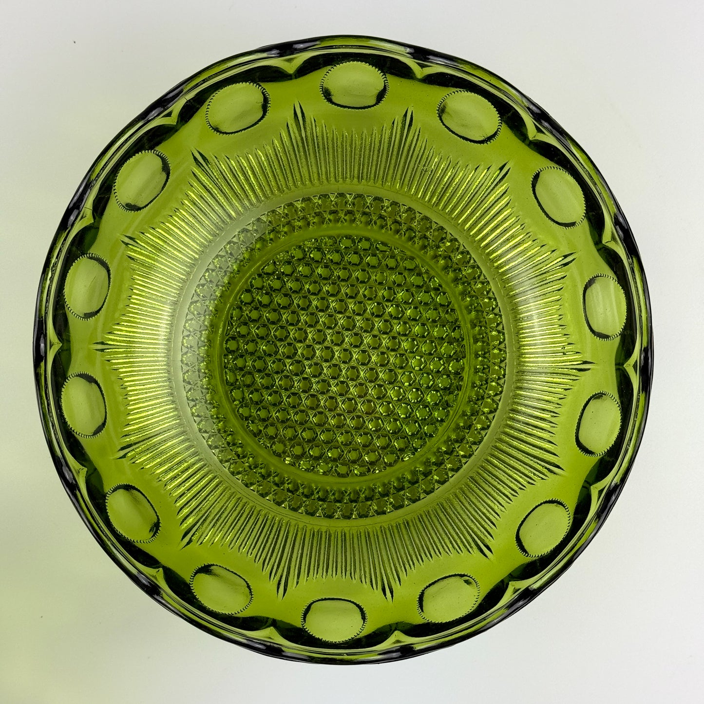 Vintage Bartlett-Collins Green Glass Bowls (2), Manhattan Pattern, Avocado Green, Scalloped Edge, Mid-Century