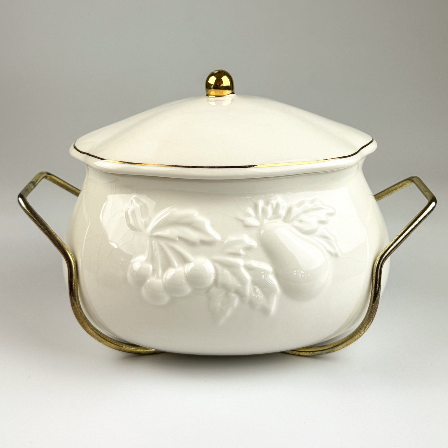Vintage Teleflora Ceramic Covered Serving Dish with Embossed Fruit Design & Gold Trim – Removable Metal Cradle