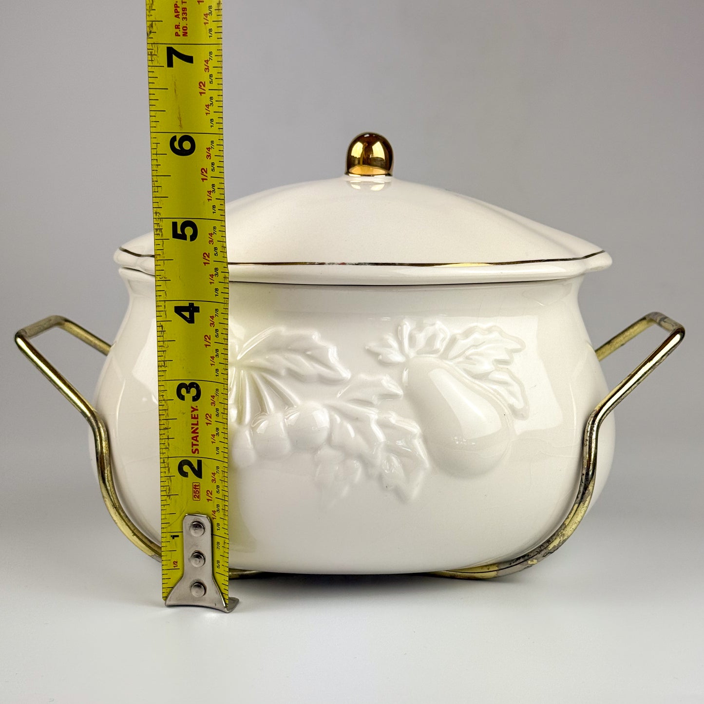 Vintage Teleflora Ceramic Covered Serving Dish with Embossed Fruit Design & Gold Trim – Removable Metal Cradle