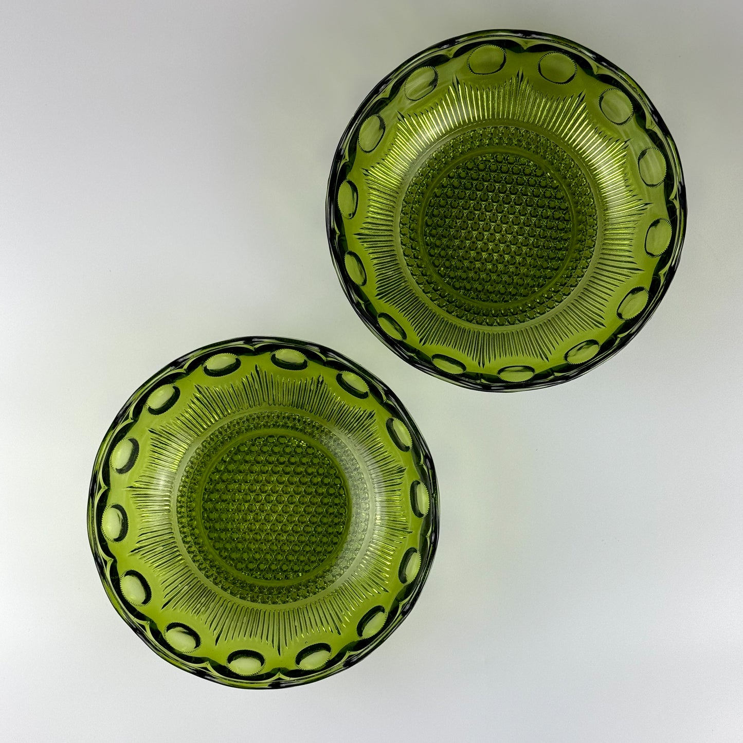 Vintage Bartlett-Collins Green Glass Bowls (2), Manhattan Pattern, Avocado Green, Scalloped Edge, Mid-Century