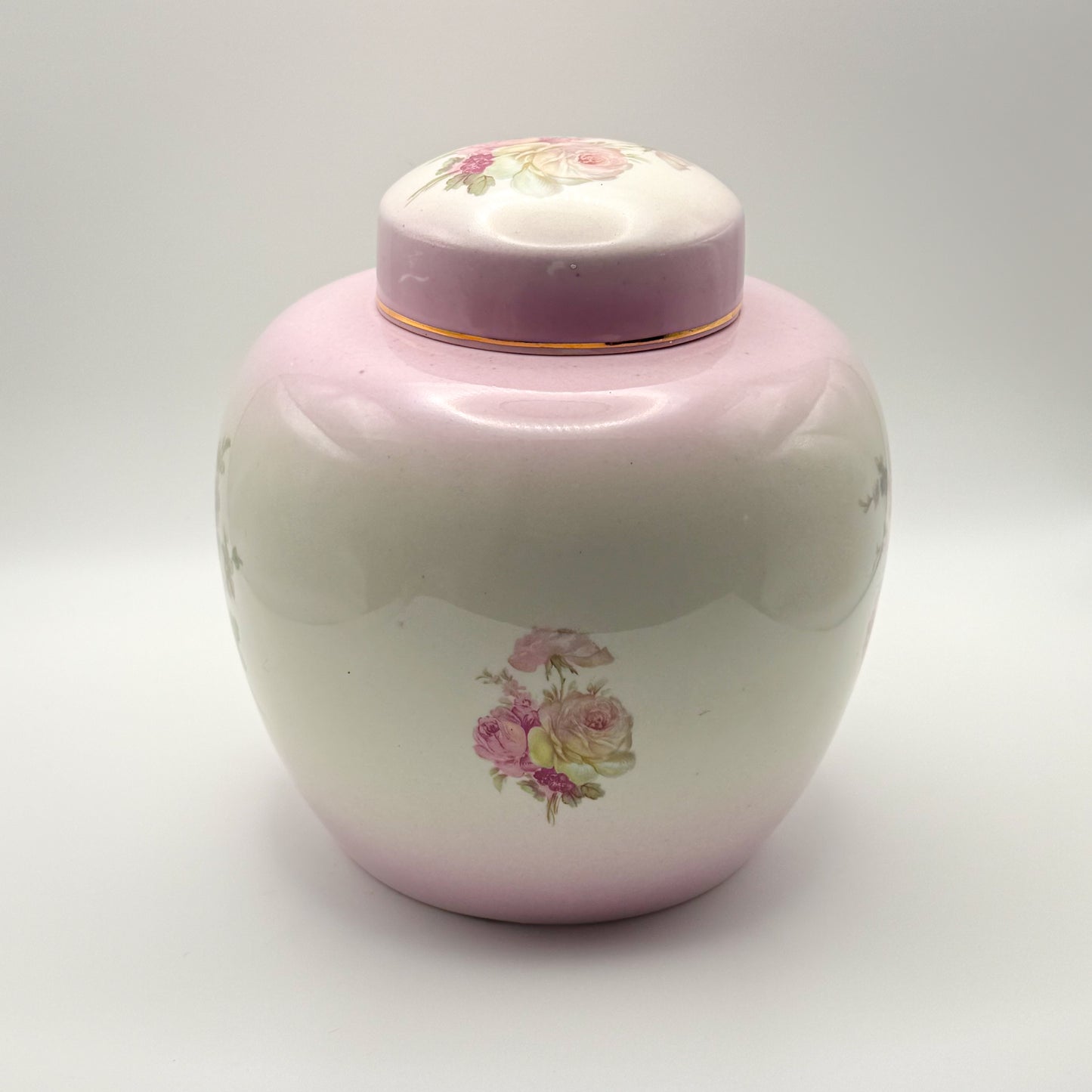 Vintage James Kent Old Foley Porcelain Ginger Jar with Lid — Pink Rose Pattern, Made in England