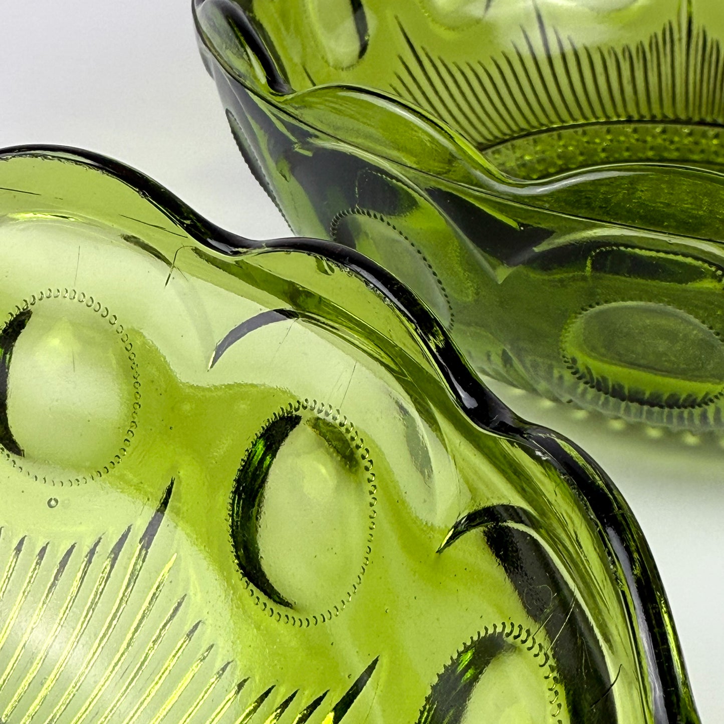 Vintage Bartlett-Collins Green Glass Bowls (2), Manhattan Pattern, Avocado Green, Scalloped Edge, Mid-Century
