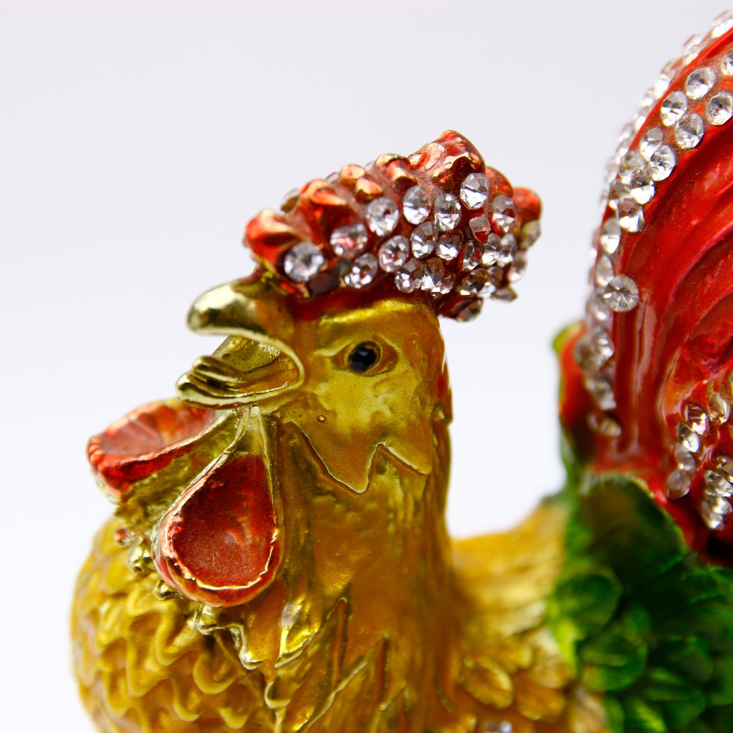 Jeweled Crowing Rooster Trinket Box — Hand-Painted Enamel & Crystal Figurine Keepsake