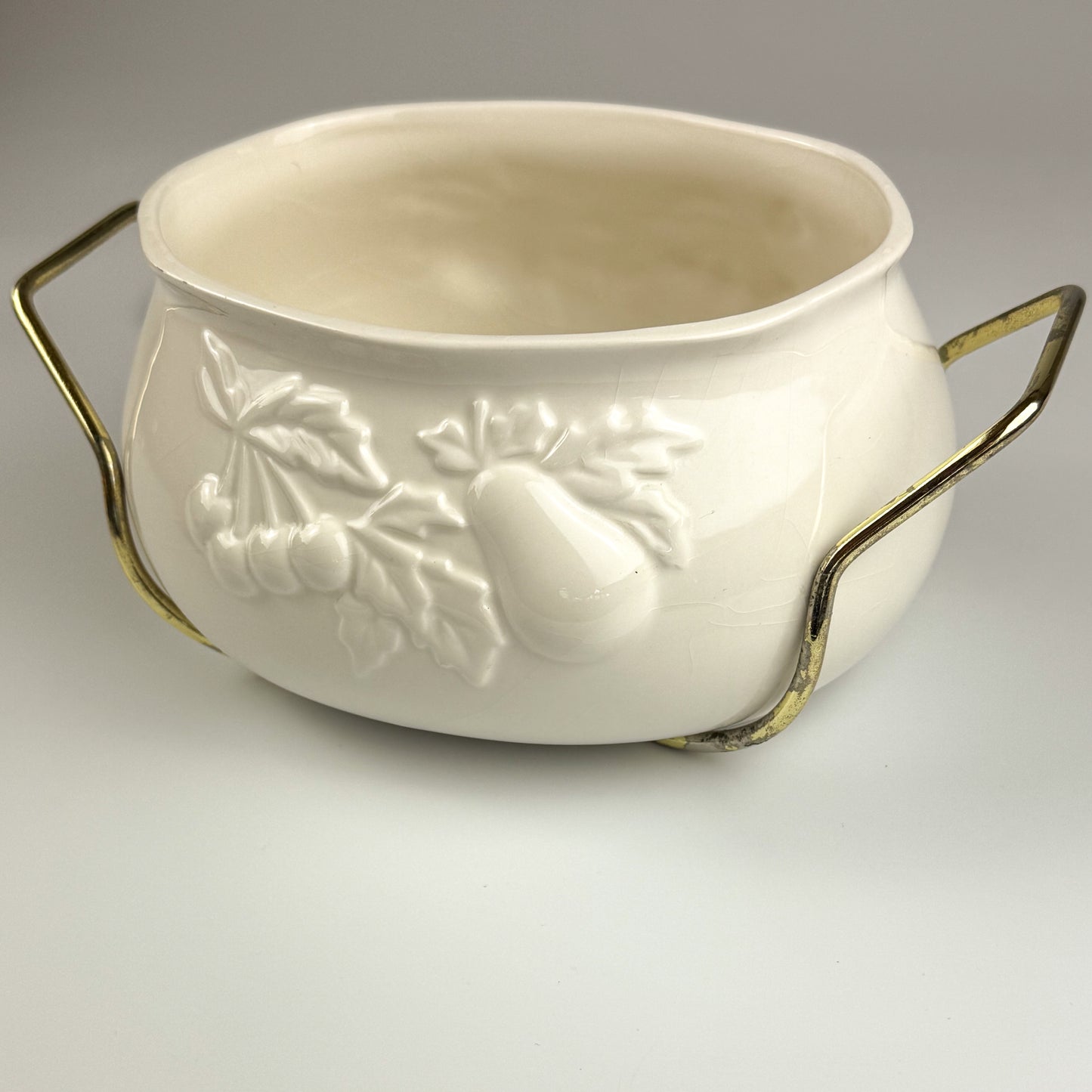 Vintage Teleflora Ceramic Covered Serving Dish with Embossed Fruit Design & Gold Trim – Removable Metal Cradle
