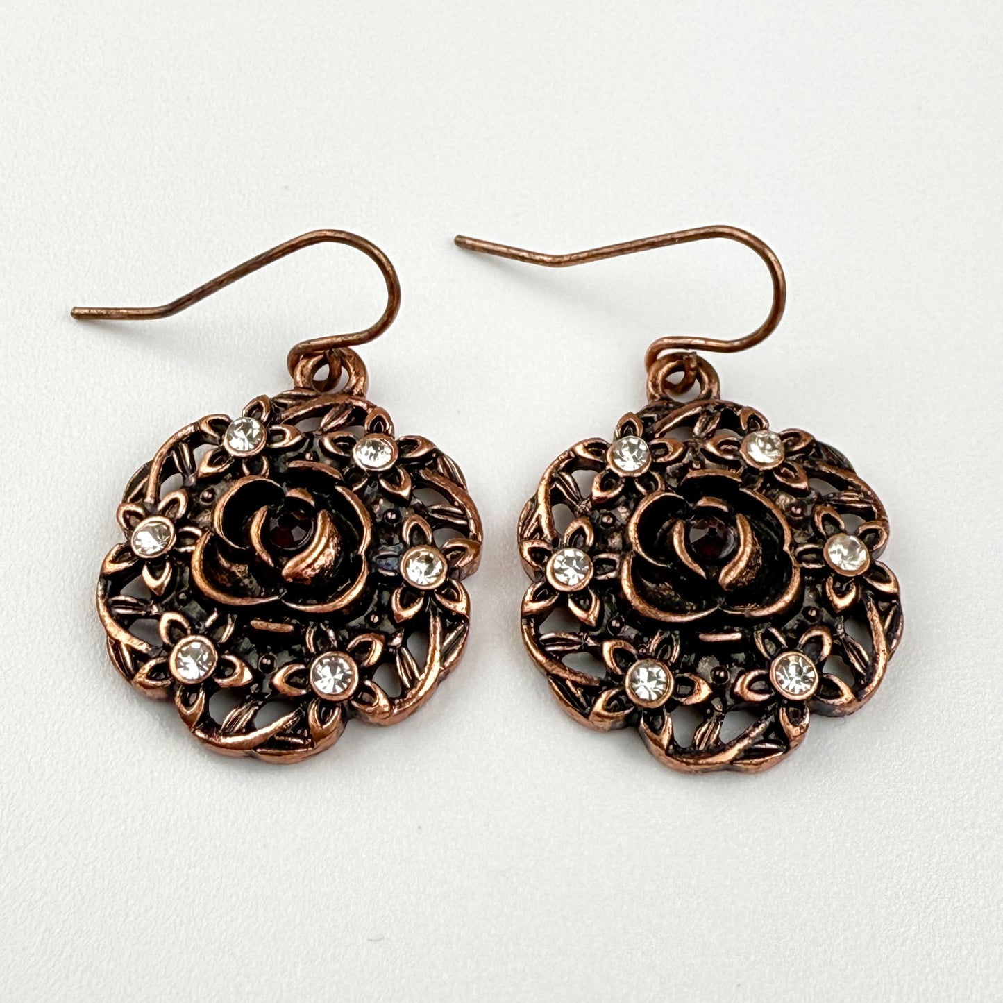 Copper Rose Drop Earrings Vintage Style Fashion Jewelry