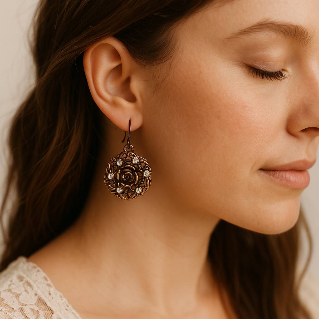 Copper Rose Drop Earrings Vintage Style Fashion Jewelry