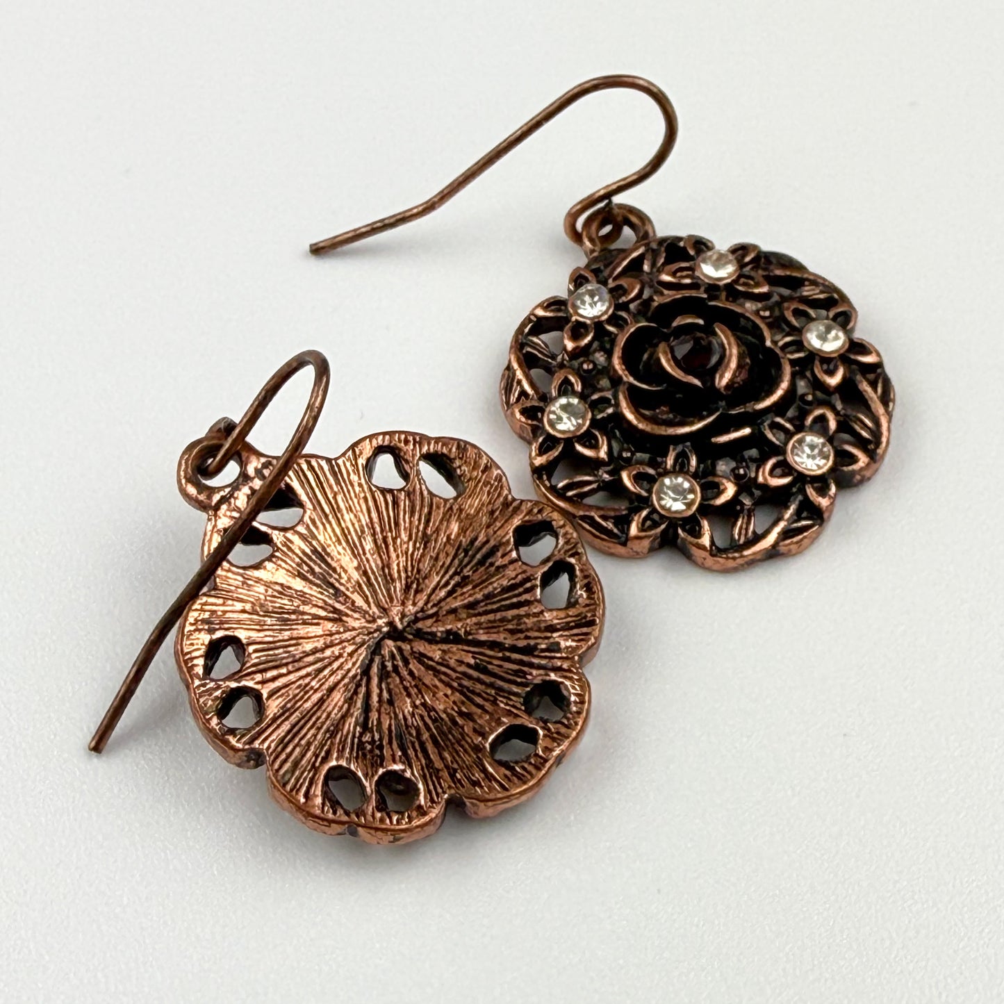 Copper Rose Drop Earrings Vintage Style Fashion Jewelry