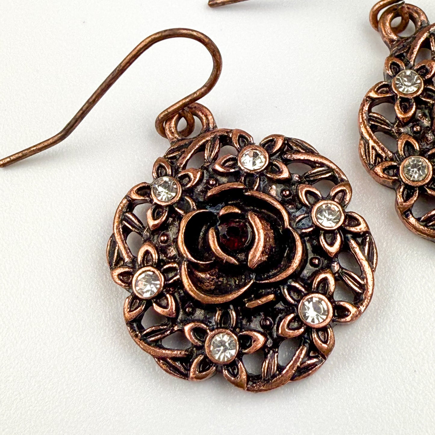 Copper Rose Drop Earrings Vintage Style Fashion Jewelry