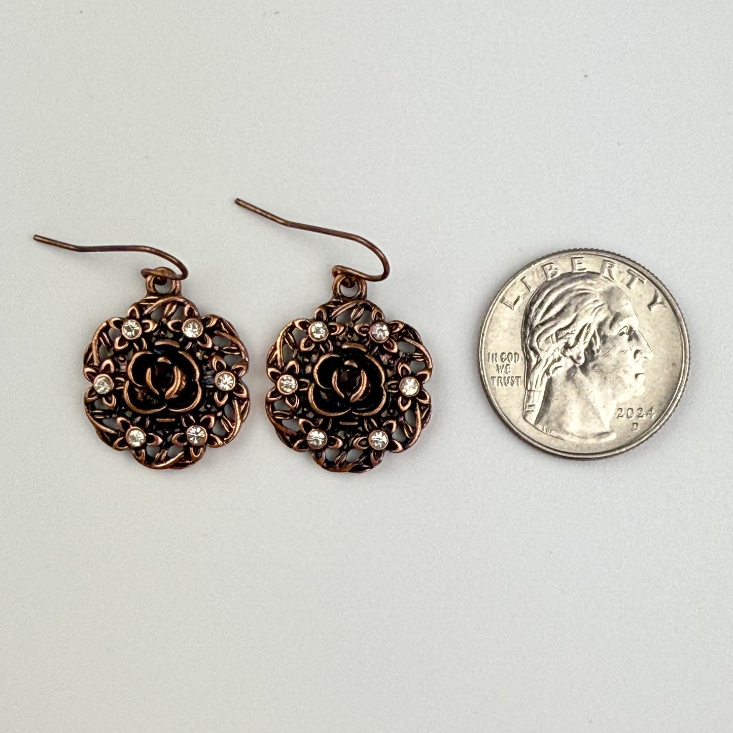 Copper Rose Drop Earrings Vintage Style Fashion Jewelry