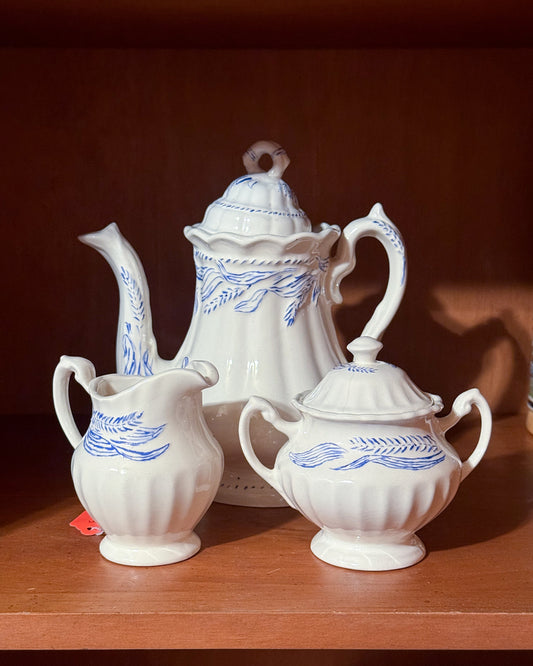 Vintage Blue Feather Hand-Painted Porcelain Tea Set — Teapot, Sugar, Creamer