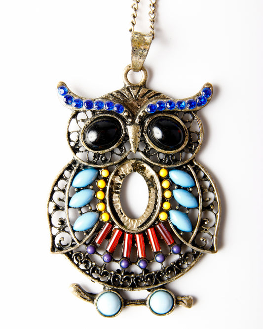 Boho Owl Pendant Necklace, Colorful Vintage-Style Silver Tone Statement Jewelry